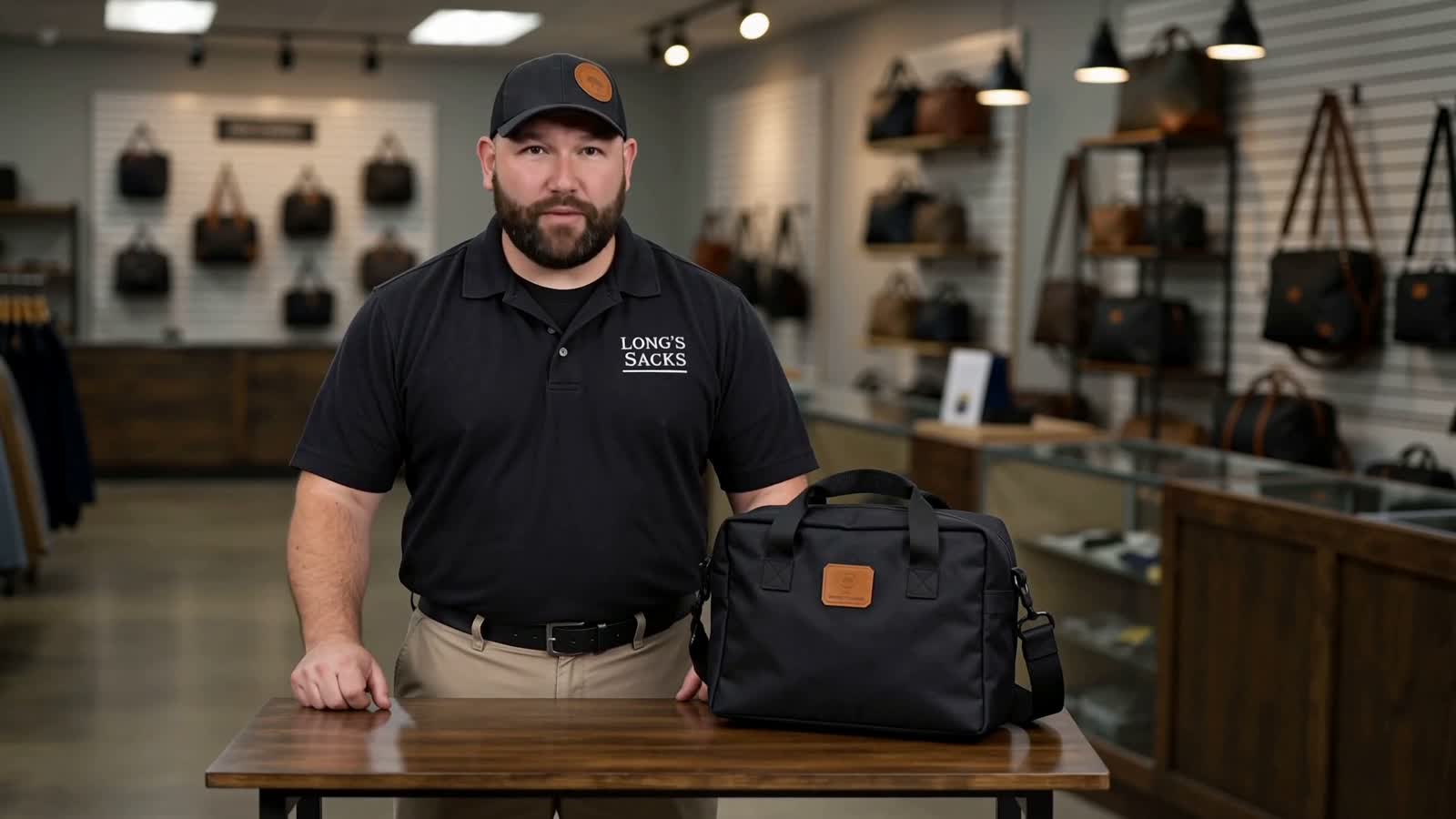 Long's Sacks commercial spokesperson in the bag shop