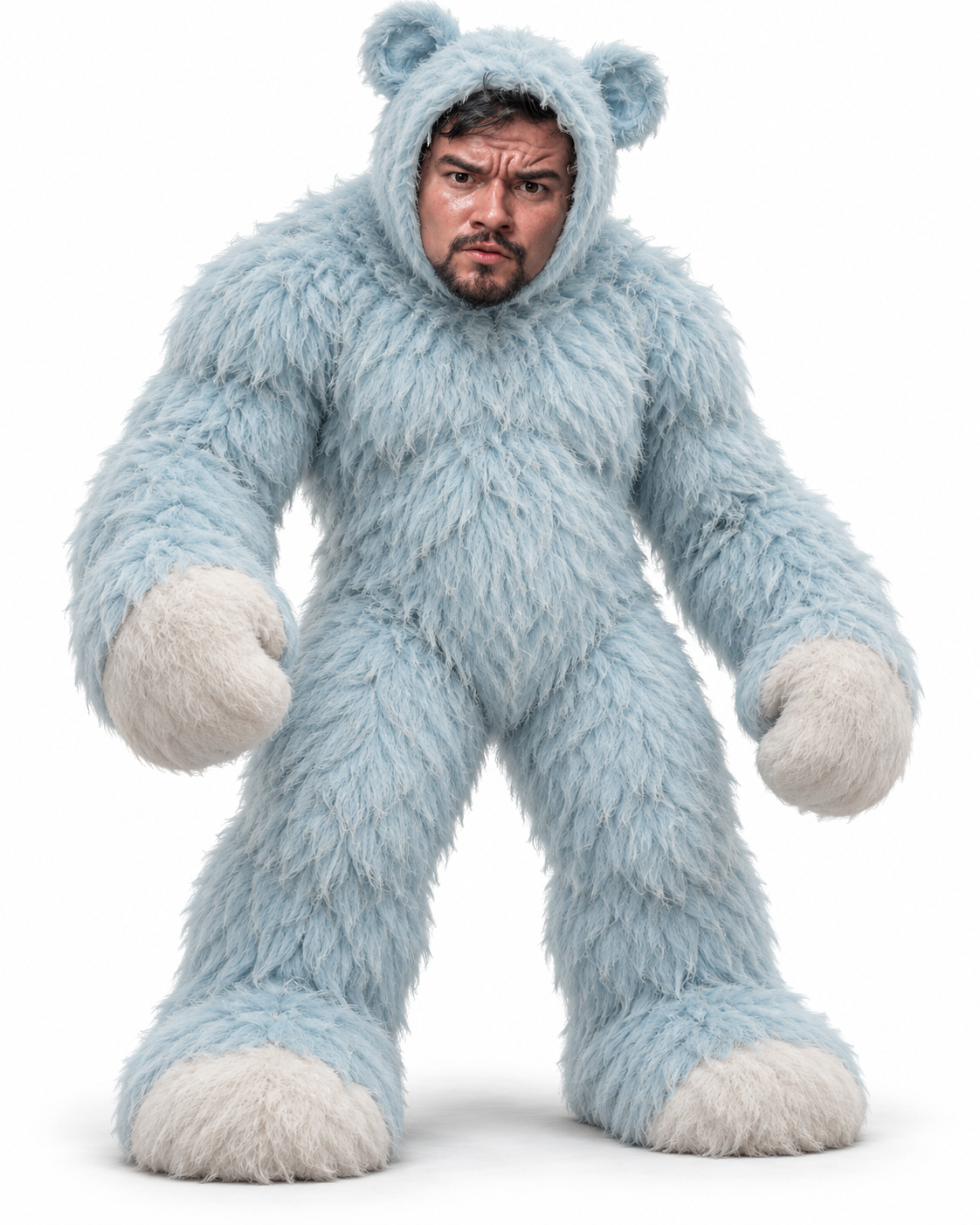A very unimpressed face inside a giant fluffy blue monster costume
